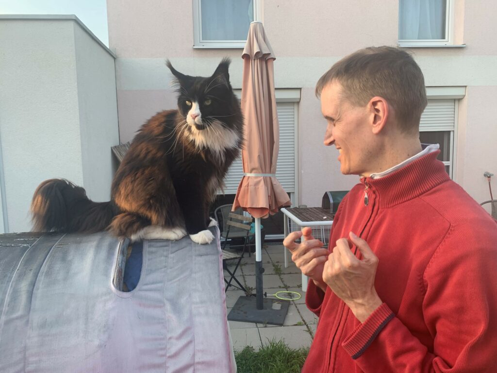 Clemens Pistauer behandelt einen großen schwarz-weißen Kater energetisch.