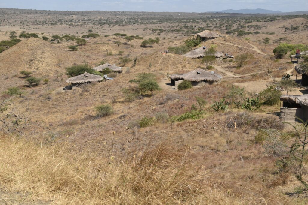 In einer Savannen-Landschaft stehen mehrere strohgedeckte Häuser der Maasai-Lodge im Norden Tansanias. Im Hintergrund erblickt man den Kilimanjaro.