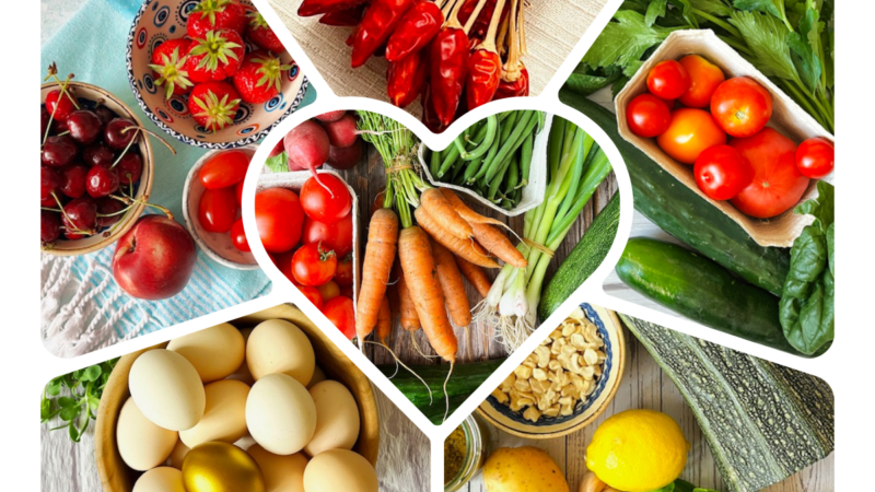 Nahrungsmittel mit unterschiedlicher thermischer Wirkung in Herzform angeordnet. Man sieht unter anderem Tomaten, Zuchini, Eier, verschiedene Obstsorten und Getreideflocken.