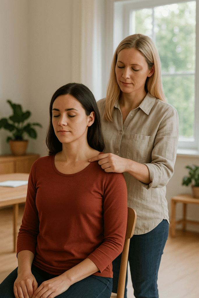 Eine dunkelhaarige Frau, die auf einem Stuhl sitzt, erhält eine Behandlung in Quantenheilung. Hinter ihr steht eine blonde Dame, die ihr den Zeigefinger der linken Hand sanft auf das Schlüsselbein legt. Ihre andere Hand ist vom Körper der sitzenden Dame verdeckt. Beide haben die Augen geschlossen und wirken sehr entspannt.